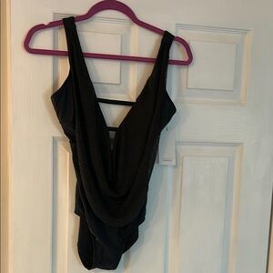 Luxe Black One Piece Swimsuit MEDIUM Classic V-Neck Design NWT